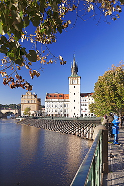 View over the River Vltava to Smetana Museum and Charles Bridge, Prague, Bohemia, Czech Republic, Europe 