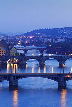 Bridges over the Vltava River including Charles Bridge, UNESCO World Heritage Site, Prague, Bohemia, Czech Republic, Europe 