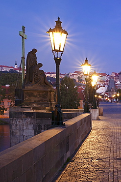 Illuminated Charles Bridge, UNESCO World Heritage Site, Prague, Bohemia, Czech Republic, Europe 