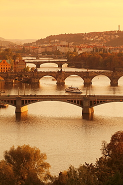 Bridges over the Vltava River including Charles Bridge, UNESCO World Heritage Site, at sunset, Prague, Bohemia, Czech Republic, Europe 