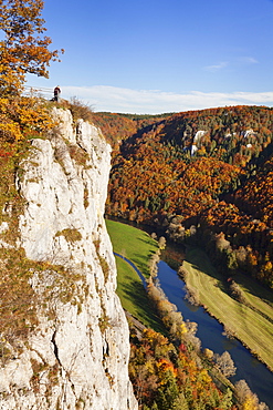 Eichfelsen Rock and Danube Valley in autumn, Upper Danube Nature Park, Swabian Alb, Baden Wurttemberg, Germany, Europe