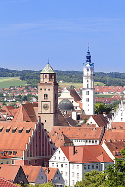 Donauworth with Liebfrauenmunster Church and pilgrimage church Heilig Kreuz, Romantic Road, Bavarian Swabia, Bavaria, Germany, Europe