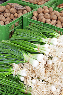 Onions and potatoes at a market stall, weekly market, market place, Esslingen, Baden Wurttemberg, Germany, Europecurves adjustment