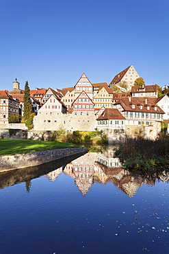 Half-timbered houses on the banks of the Kocher River, Schwaebisch Hall, Hohenlohe, Baden Wurttemberg, Germany, Europe