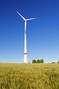 Wind turbine on a field in the evening light, Black Forest, Baden Wurttemberg, Germany, Europe