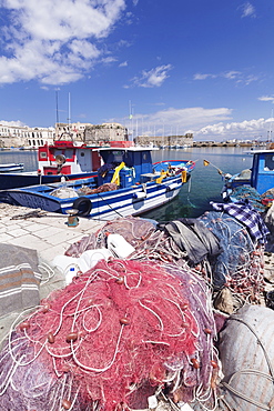 Fishing boats at the port, old town with castle, Gallipoli, Lecce province, Salentine Peninsula, Puglia, Italy, Europe