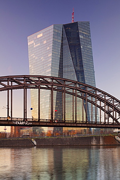 View over Main River to European Central Bank, Frankfurt, Hesse, Germany, Europe