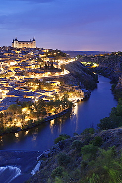 View over Tajo River at Alcazar, UNESCO World Heritage Site, Toledo, Castilla-La Mancha, Spain, Europe