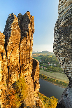 View from Bastei to Lilienstein mountain in Elbe Sandstone Mountains, Germany, Europe