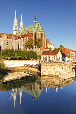 View over Neisse River to St. Peter and Paul Church, Goerlitz, Saxony, Germany, Europe