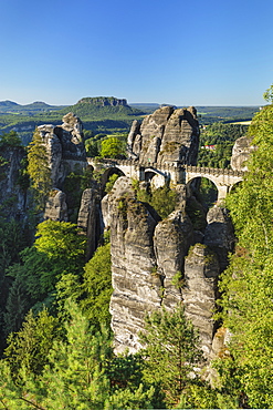 View from Bastei Bridge to Lilienstein Mountain, Elbsandstein Mountains, Saxony, Germany, Europe