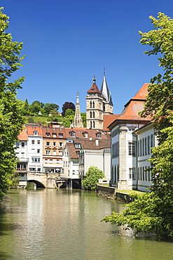 Rossneckarkanal chanel with St. Dionys church, Esslingen, Baden-Wurttemberg, Germany, Europe