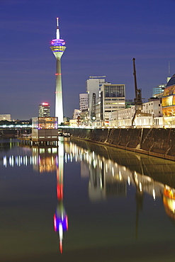 Rheinturm tower at Media Harbour (Medienhafen), Dusseldorf, North Rhine Westphalia, Germany, Europe