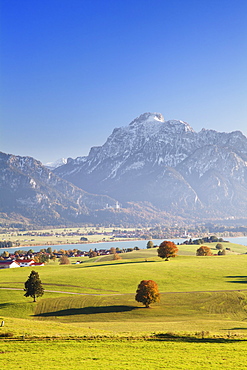 Prealps landscape and Forggensee Lake at sunset, Fussen, Ostallgau, Allgau, Allgau Alps, Bavaria, Germany, Europe