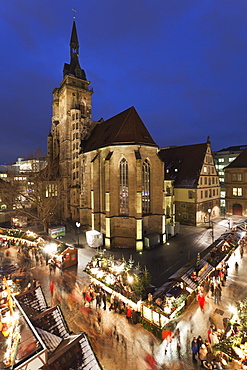 Christmas fair on Schillerplatz Square, Stiftskirche church, Stuttgart, Baden Wurttemberg, Germany, Europe