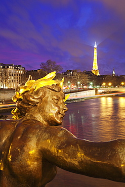 View from Pont Alexandre over River Seine to the Eiffel Tower at dusk, Paris, Ile de France, France, Europe 