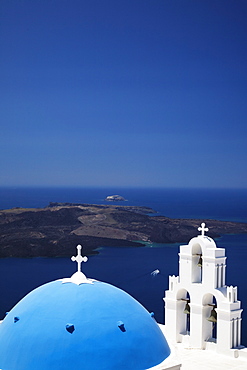 St. Gerasimos Church with blue dome overlooking the Aegean Sea, Firostefani, Santorini, Cyclades, Greek Islands, Greece, Europe 