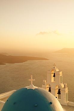 St. Gerasimos Church with blue dome at sunset, Firostefani, Santorini, Cyclades, Aegean Sea, Greek Islands, Greece, Europe 