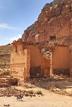 Local man on donkey passes Qasr al-Bint temple, elevated view, City of Petra ruins, Petra, UNESCO World Heritage Site, Jordan, Middle East