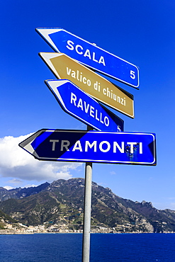 Iconic Amalfi Coast attractions on a coastal road sign, famous Amalfi Coast road, UNESCO World Heritage Site, Campania, Italy, Europe