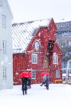 Tourists, colourful historic wooden buildings, heavy snow in winter, Tromso, Troms og Finnmark, Arctic Circle, North Norway, Scandinavia, Europe