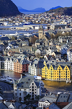 View from Aksla hill over beautiful Alesund, colourful Art Nouveau buildings in winter, Alesund, More og Romsdal, Norway, Scandinavia, Europe