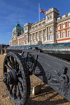 Captured Turkish cannon, Union Flag at half mast on Old Admiralty Building, Horse Guards Parade, Whitehall, London, England, United Kingdom, Europe