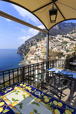 Positano, from a cliffside cafe, Costiera Amalfitana (Amalfi Coast), UNESCO World Heritage Site, Campania, Italy, Europe 