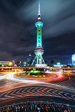 Oriental Pearl Tower with light trails in Shanghai Pudong, Shanghai, China, Asia 