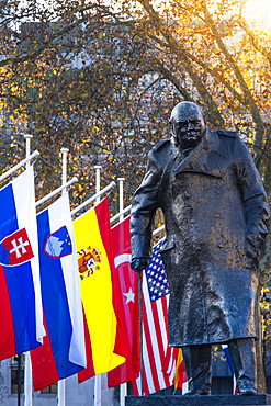 Parliament Square, Winston Churchill statue and NATO flags, Westminster, London, England, United Kingdom, Europe