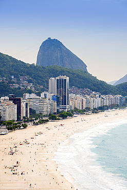 Elevated view of the beach and the Atlantic Ocean with the Sugar Loaf in the background, Copacabana, Rio de Janeiro, Brazil, South America