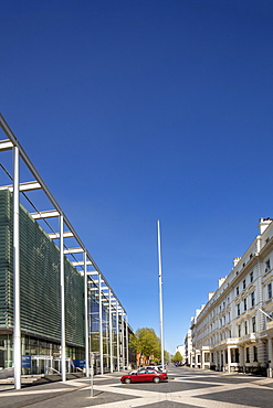 View along Exhibition Road showing the front entrance to Imperial College, South Kensington, London, England, United Kingdom, Europe