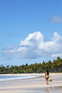 A beautiful, athletic Hispanic (Latin) woman in a bikini with a sun hat on a deserted tropical beach with back to camera, Brazil, South America