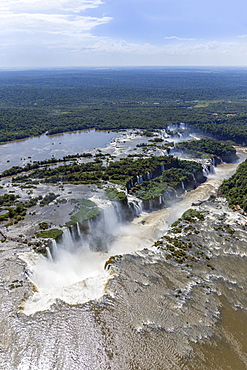 Aerial view of the Devil's Throat and the Iguassu River, Iguazu Falls, UNESCO World Heritage Site, Parana, Brazil, South America