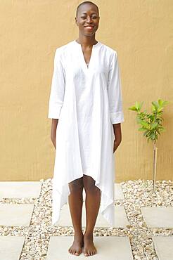 African American woman standing on flagstone