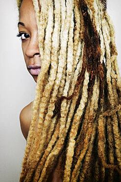 Close up of Black woman with dreadlocks