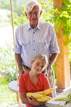 Caucasian grandfather and granddaughter shucking corn