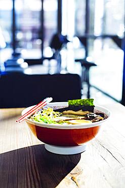 Bowl of ramen on restaurant table