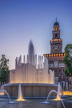 Ornate fountain near clock tower, Milano, Lombardia, Italy