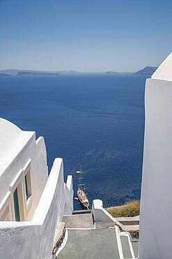 High angle view of Santorini buildings and ocean, Cyclades, Greece