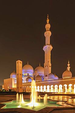 Ornate domed building and spires with fountain, Abu Dhabi, Abu Dhabi Emirate, United Arab Emirates