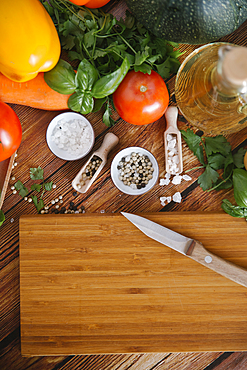 Ingredients for salad near cutting board