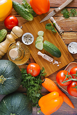 Ingredients for salad on cutting board