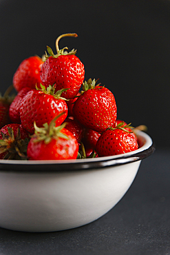 Close up of bowl of strawberries