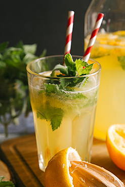 Close up of fresh lemonade in glass