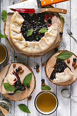 Blueberry pie on wooden table