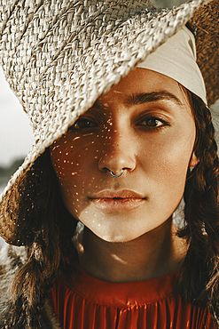 Close up of Caucasian woman with nose ring