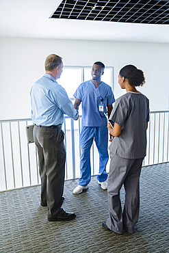 Doctor and nurse shaking hands near railing