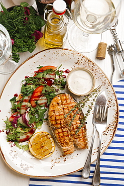 Grilled fish and salad on plate with sauce