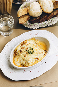 Baked lasagna and bread